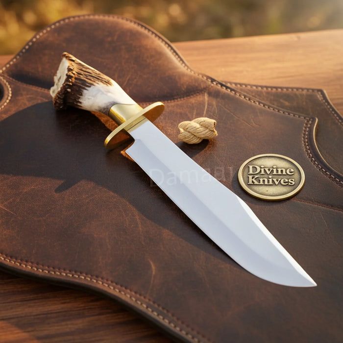 Crown Antler D2 Steel Brass Clip-Point Bowie with Dog-Leg style Handle