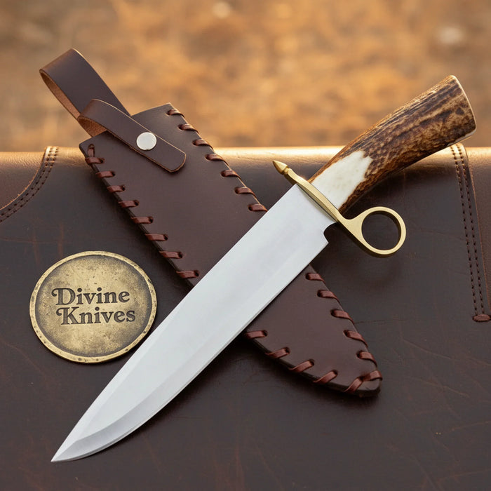 Ring Guard Stag Bowie Knife with Crown Antler Handle and Hand Laced Leather Sheath