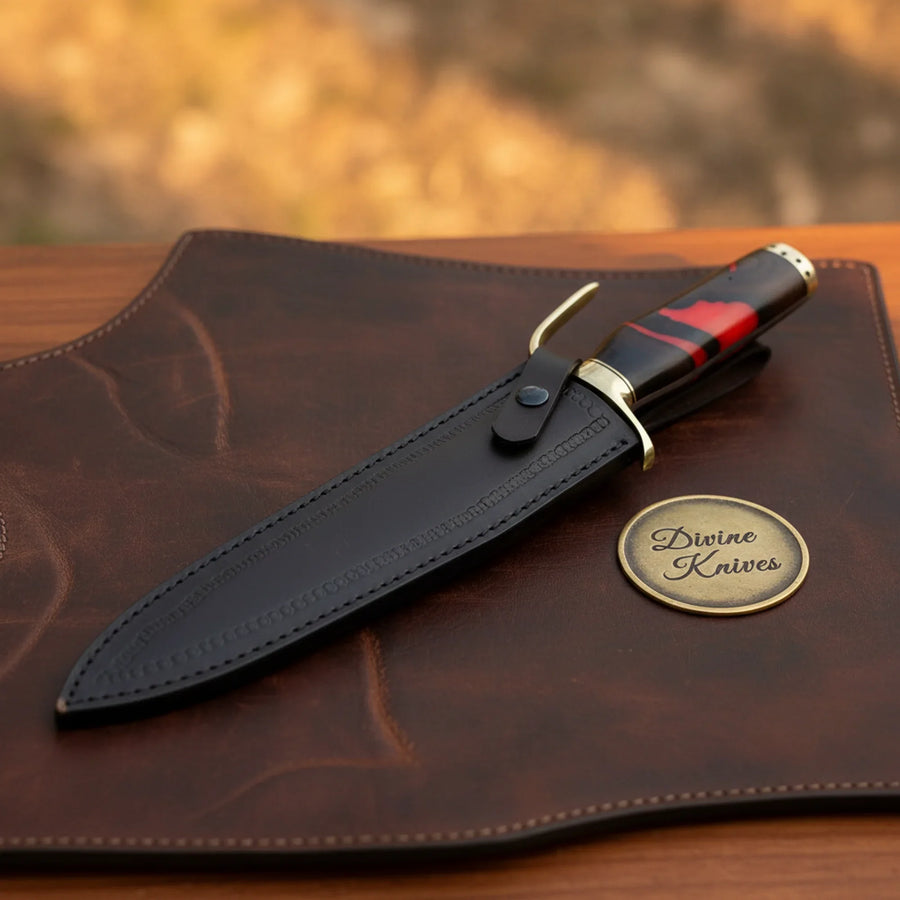 Red Micarta Handle Bowie Knife with Polished Drop Point Blade and Tooled Black Sheath