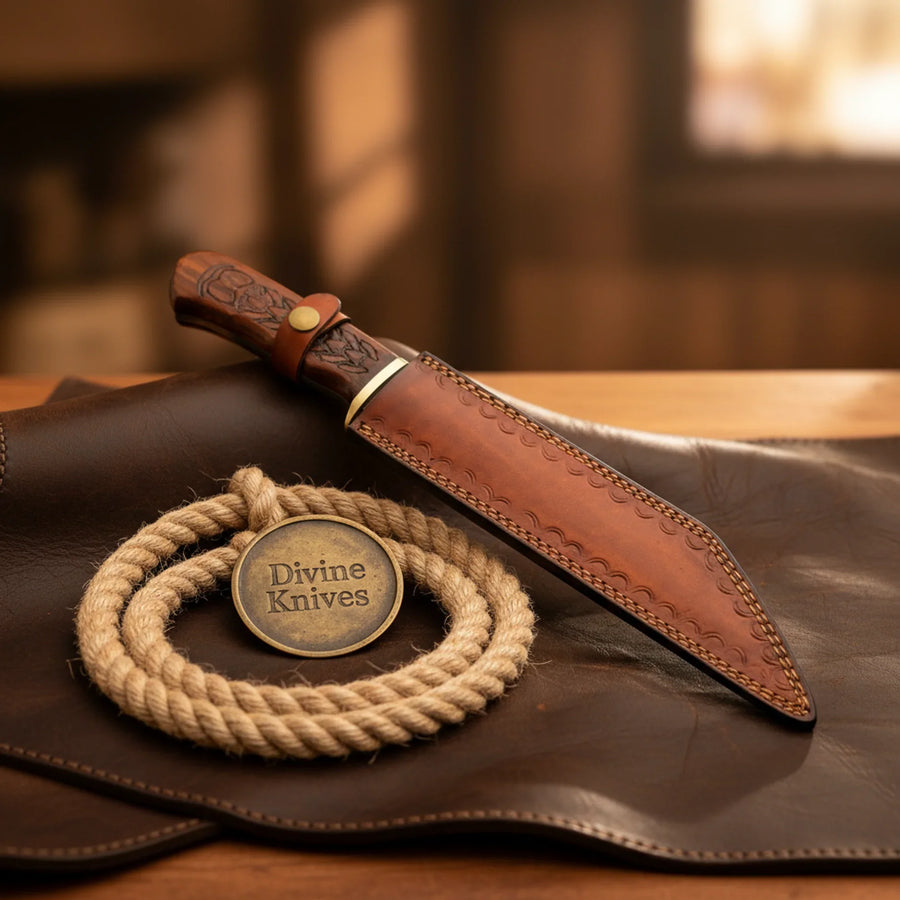 Engraved Rosewood Seax Knife with Long Tanto Style Blade and Hand Tooled Sheath