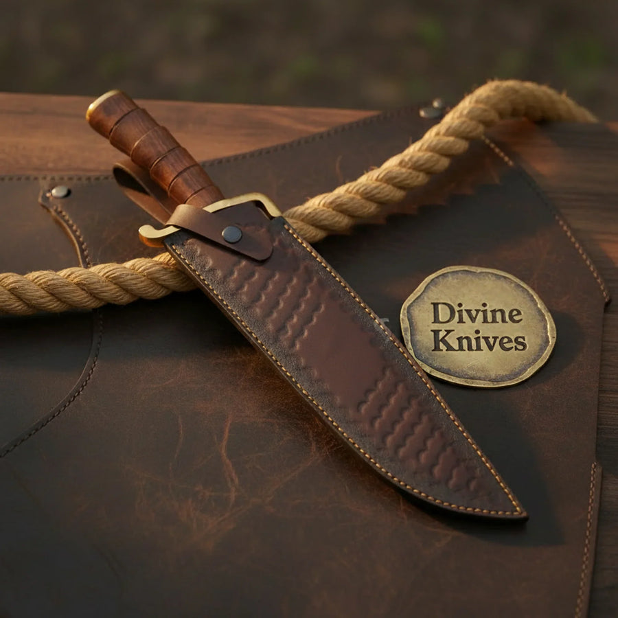 Brown Wood D2 Steel Clip Point Bowie with Ridged Grip