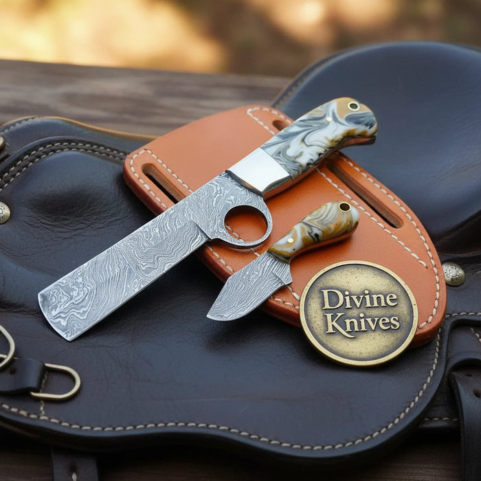 Orange Swirl Resin Bull Cutter & Skinner Set for Field Work
