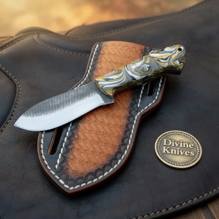 Orange Swirl Resin Rasp Skinner Knife with Tooled Leather Sheath