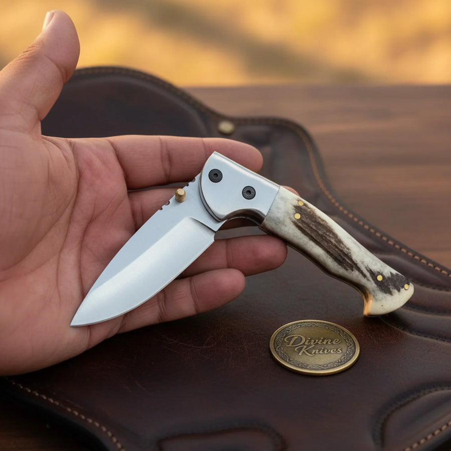 Staghorn Liner Lock Pocket Knife with Carbon Steel Blade
