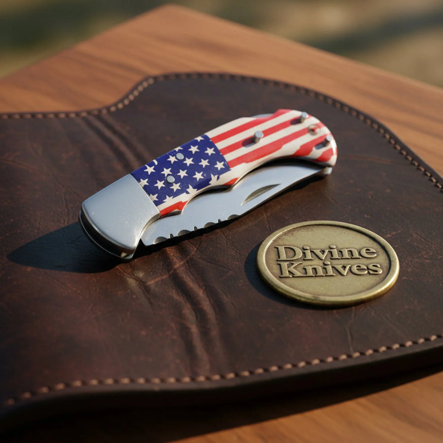 American Flag Lockback Pocket Knife with Patriotic Folding Blade