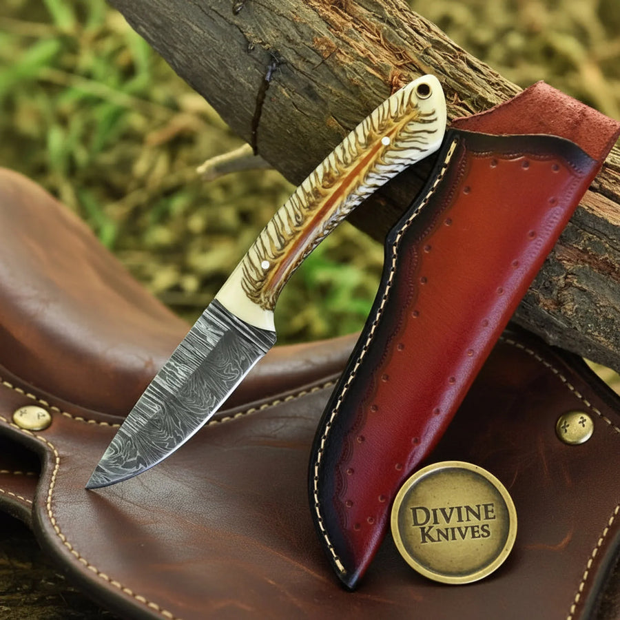 Western White Pinecone Cowboy Knife with Leather Sheath