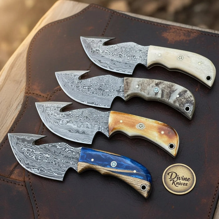 4-Piece Damascus Big Belly Gut Hook Skinner Set