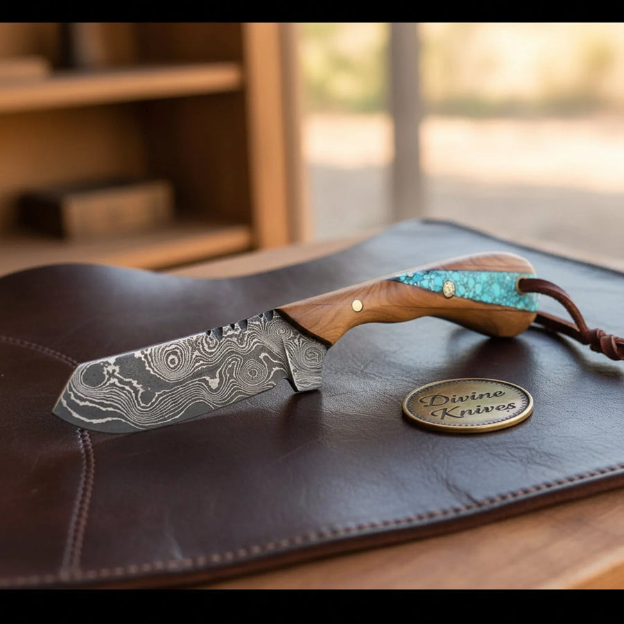 Turquoise Walnut Bull Cutter Knife with Flowing Damascus Blade