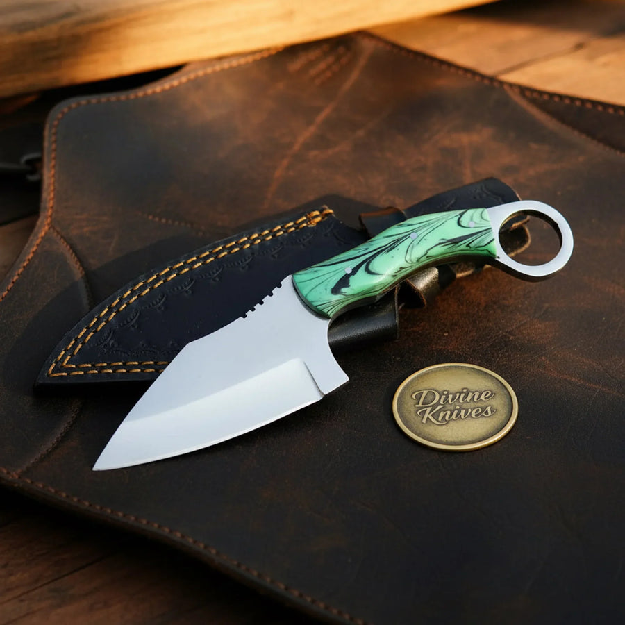 Green Acrylic Ring Skinner Knife with Forged Steel Ring