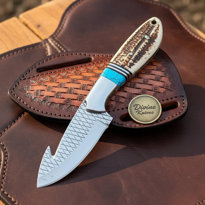 D2 Steel Cowboy Gut Hook Knife with Turquoise Bolster