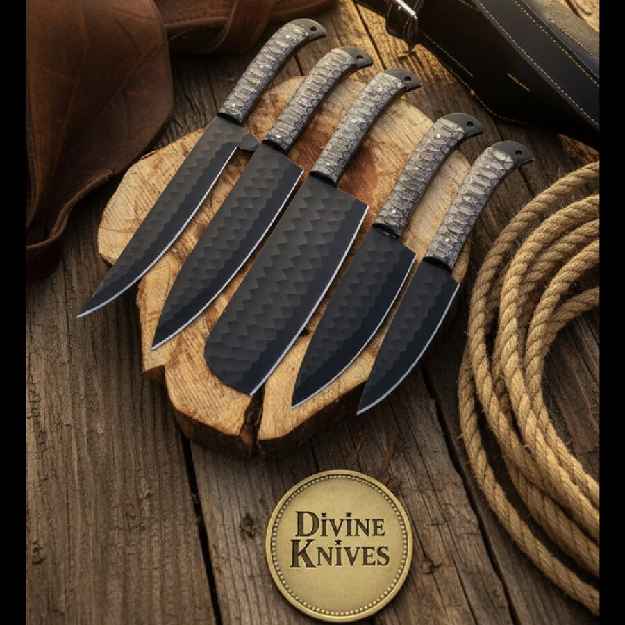 5-Piece Chevron Textured Black Blade Knife Set with Snakeskin Handles and Leather Roll Case