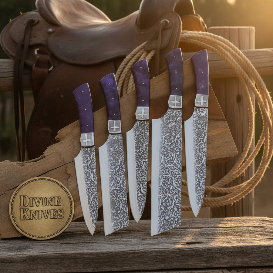 5-Piece Purple Handle Etched Chef Knife Set with Cross Bolster for a Bold Kitchen Upgrade