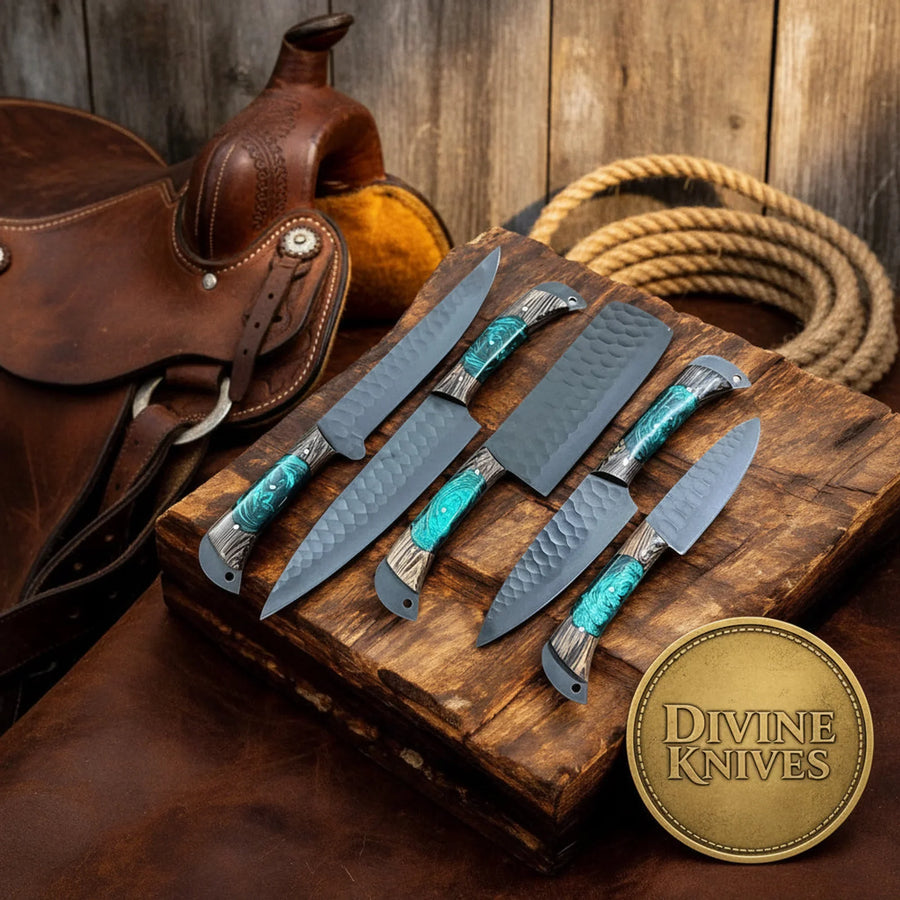 5-Piece Teal Resin Handle Chef Knife Set with Hammered Blade Finish for Everyday Cooking