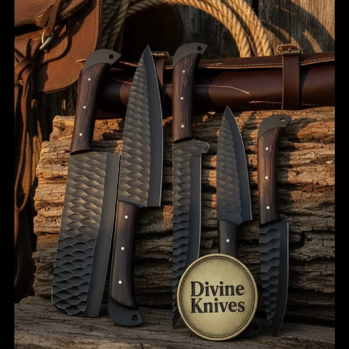5-Piece Hammered Black Knife Set with Wood Handles and Leather Roll Case