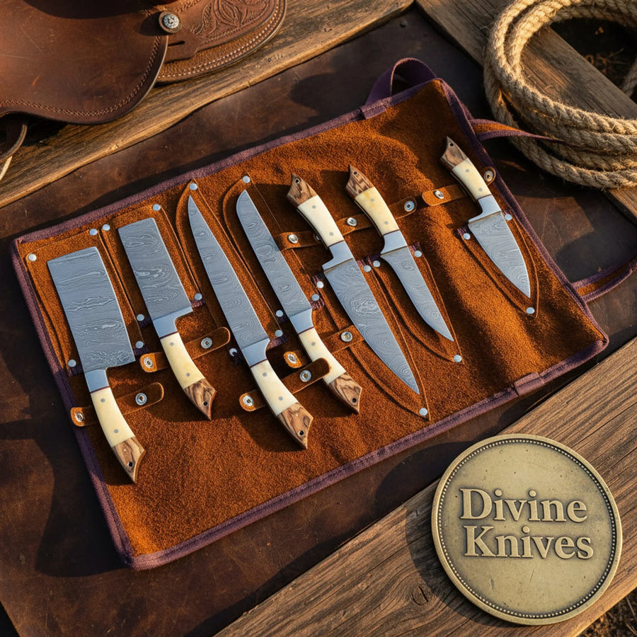 Bone Handle Caping Knife Set with Tooled Leather Roll Case