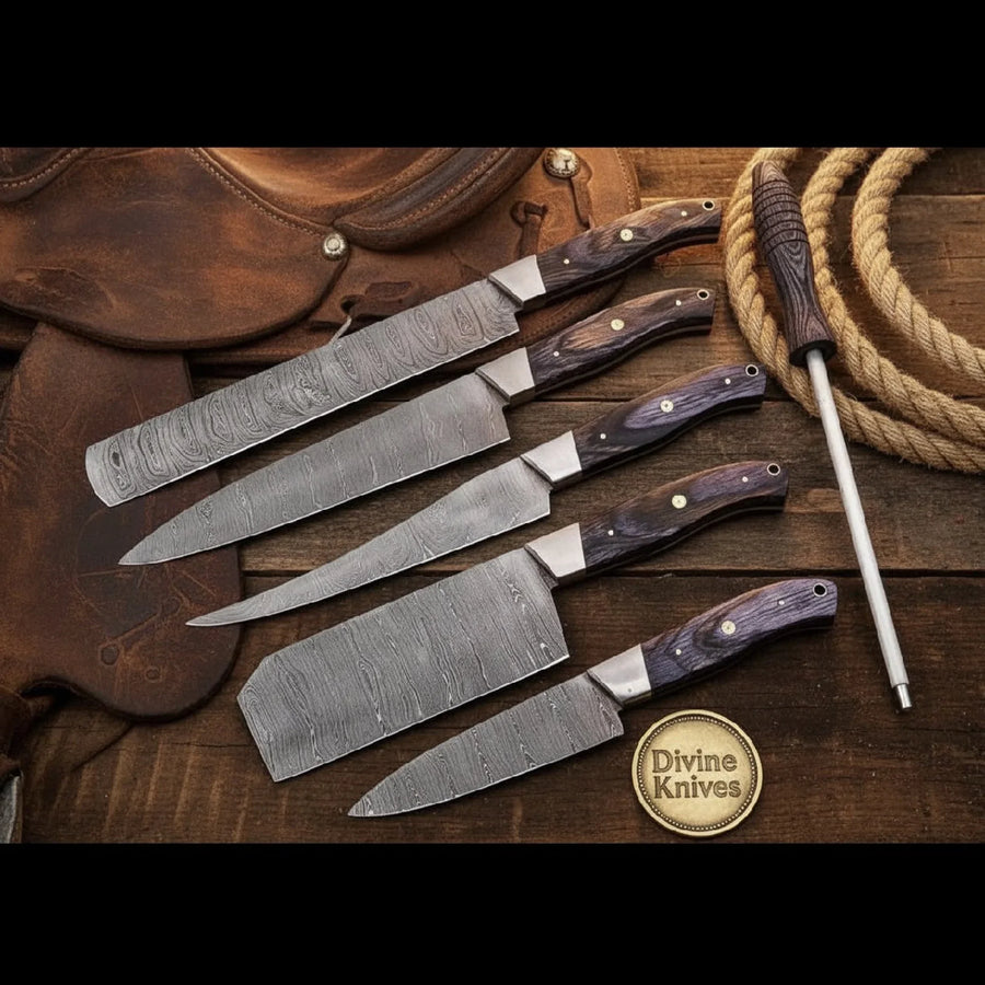 6-Piece Chef Knife Set with Sharpening Rod and Leather Roll Case