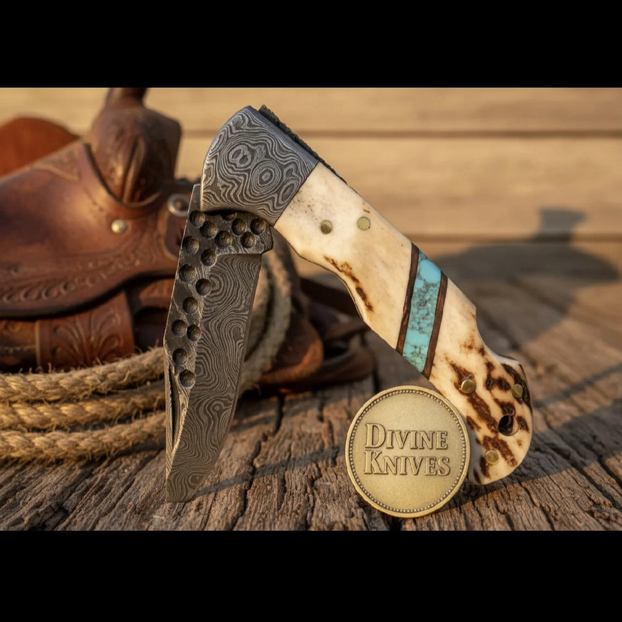 Turquoise Inlay Stag Handle Folding Knife with Hammered Spine