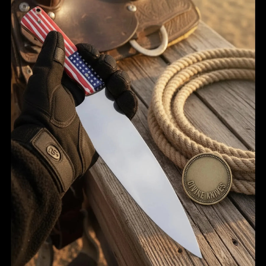 American Flag Handle Chef Knife with Wide Cutting Blade for Patriotic Kitchens
