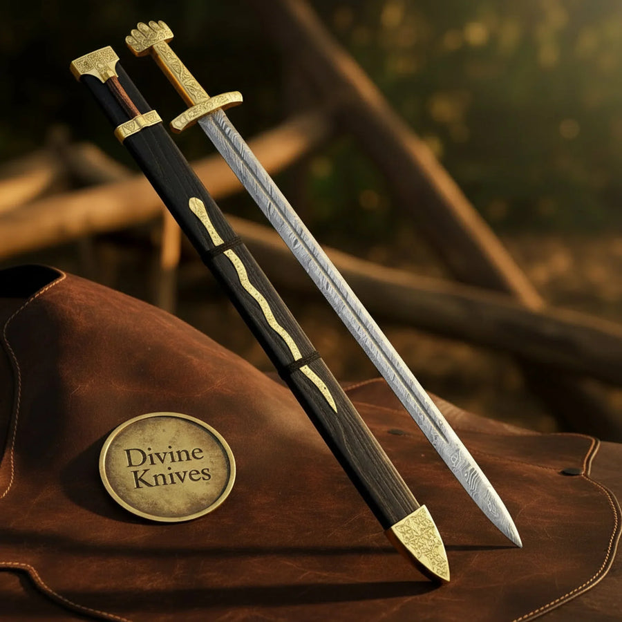 Norse Long Sword with Gold Hilt and Engraved Wood Scabbard for Display