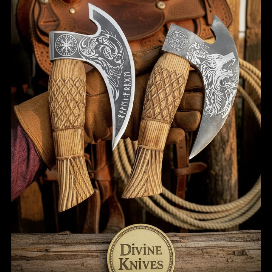 Norse Engraved Pizza Axe Pair with Skull and Wolf Heads