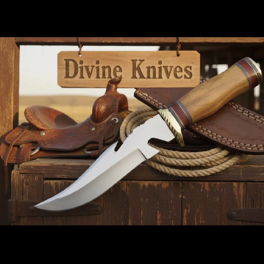 Brass Guard Damascus Gut Hook Knife with Multi Ring Wood Handle