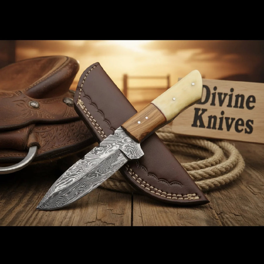 Bone and Wood Accent Damascus Knife Built for Field Dressing