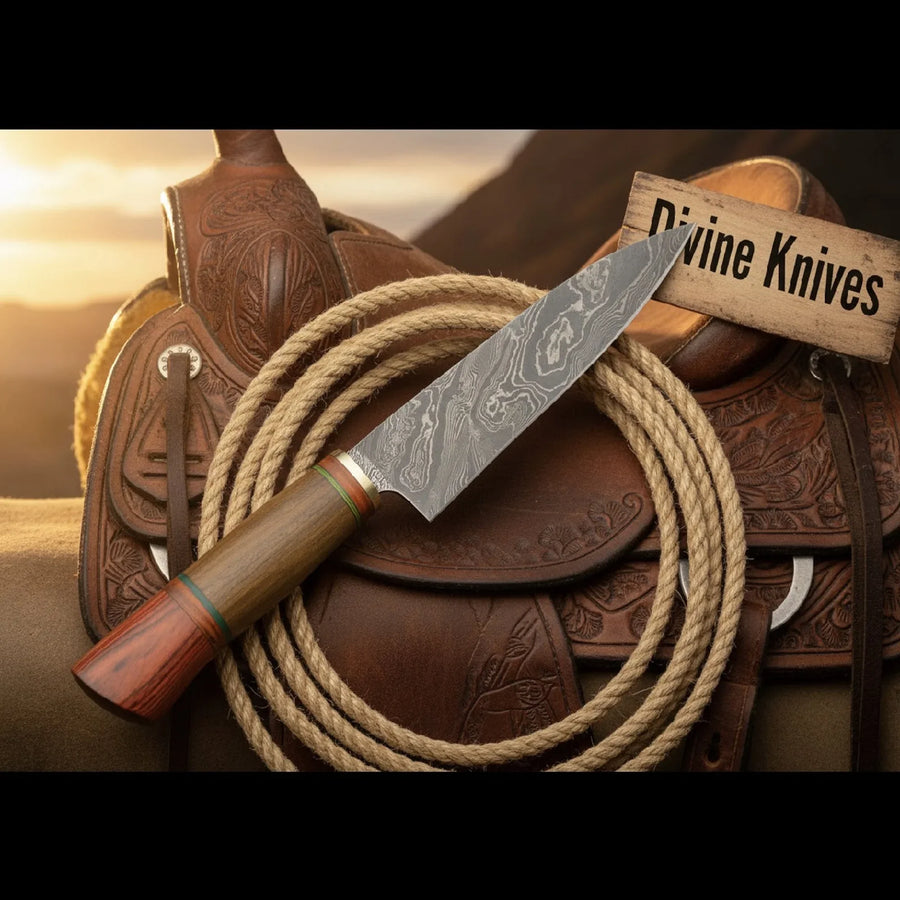 Red and Green Ring Accented Damascus Knife with Wood Tag