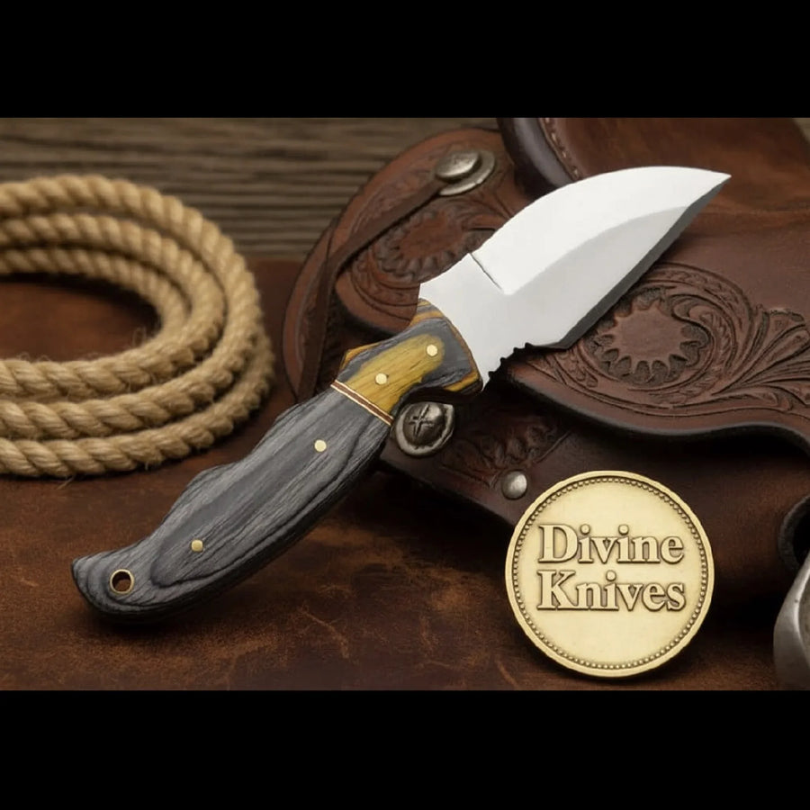 Yellow Accent Damascus Knife with Gray Wood Handle and Lanyard Hole
