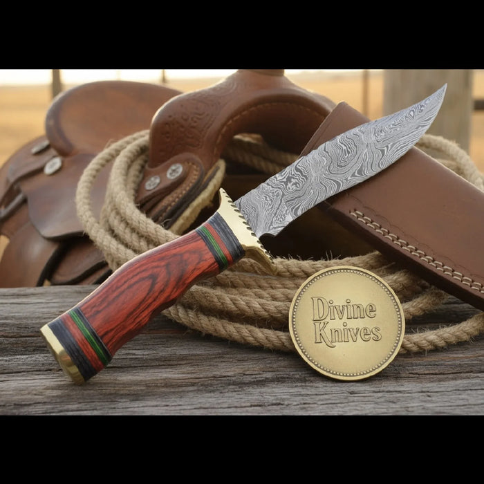 Field-Ready Damascus Gut Hook Knife with Rich Burgundy Wood Grip