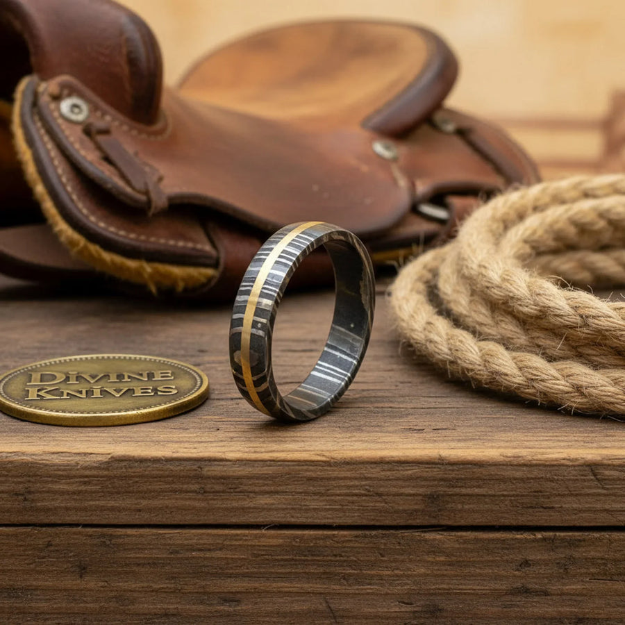 Men's Damascus Wedding Ring with Gold Stripe Inlay