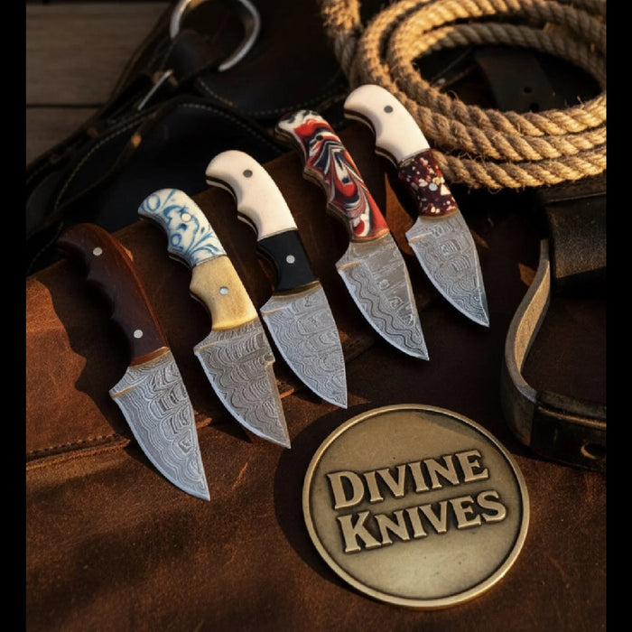 Assorted Handle Damascus Skinner Knife Set – 5 Pieces