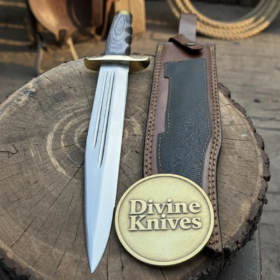 Brass Guard Damascus Dagger Display Knife with Leather Sheath