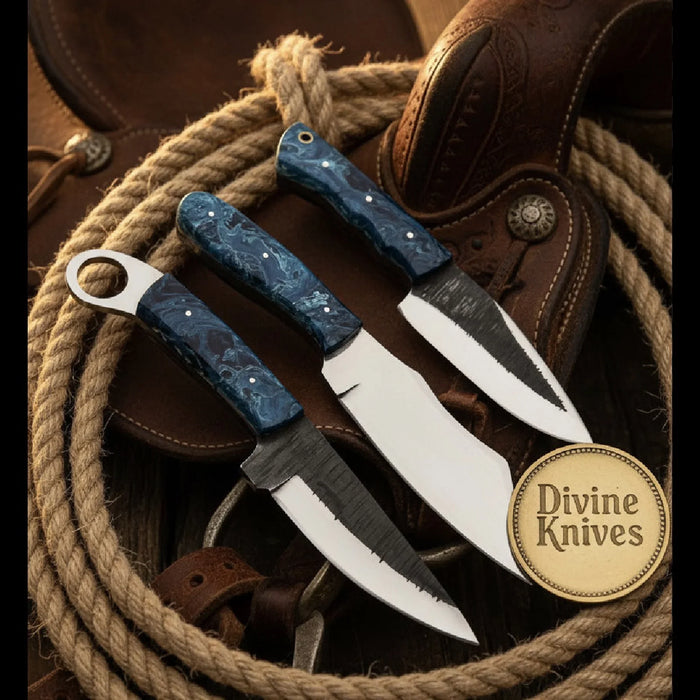 Blue Swirl Resin Damascus Hunting Knife Trio with Saw-Back Blade