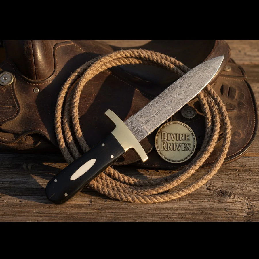 Bone Accent Damascus Bowie Knife with Brass Guard