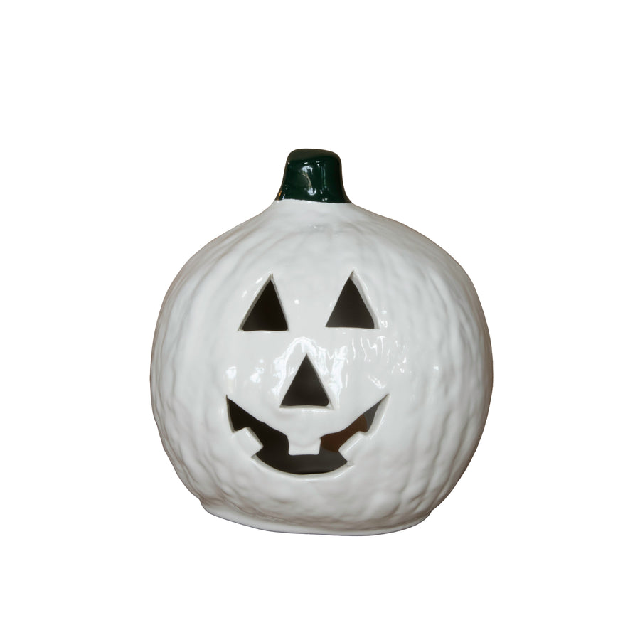 Small White Stoneware Jack-O-Lantern Pumpkin