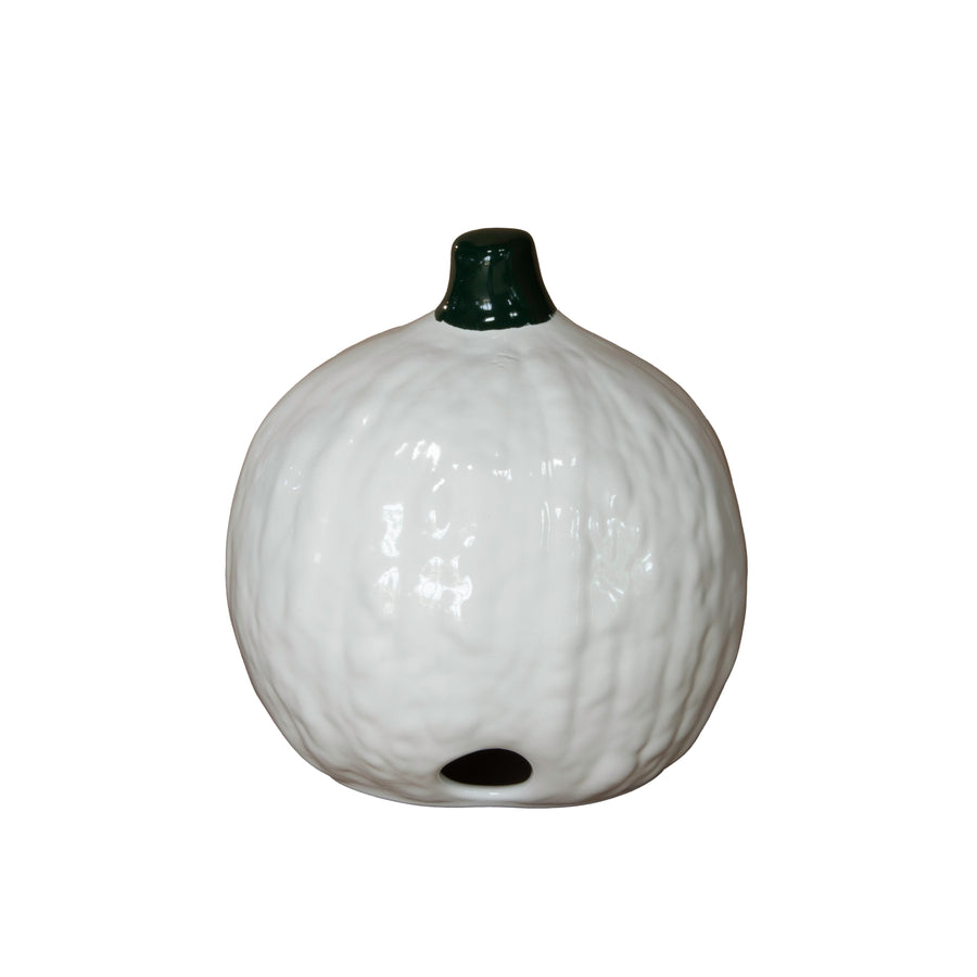 Back of the white stoneware pumpkin showing the light-cord opening