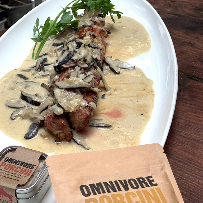 roasted pork loin with mushroom gravy made with Omnivore Porcini Salt