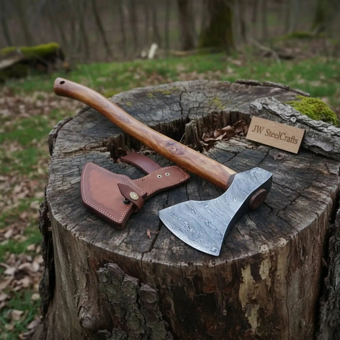 Handmade Damascus Camping Axe with Tali Wood Handle | Full Tang Outdoor Hatchet
