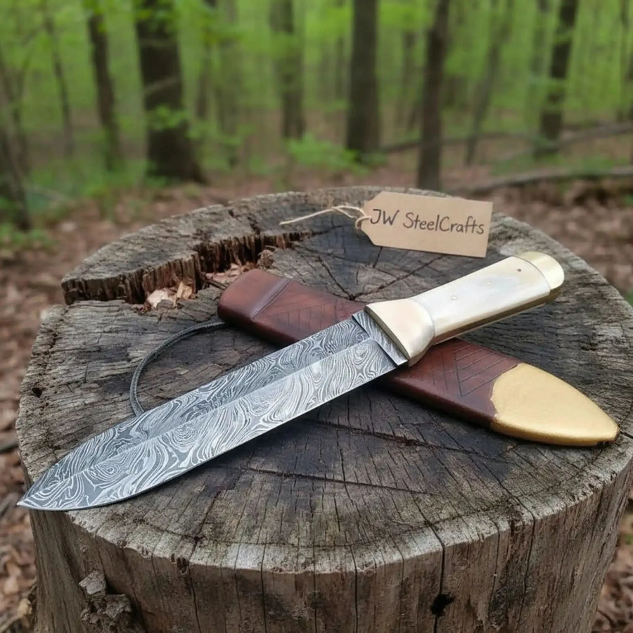 Handmade Persian Style Damascus Dagger with Camel Bone Handle & Wooden Scabbard