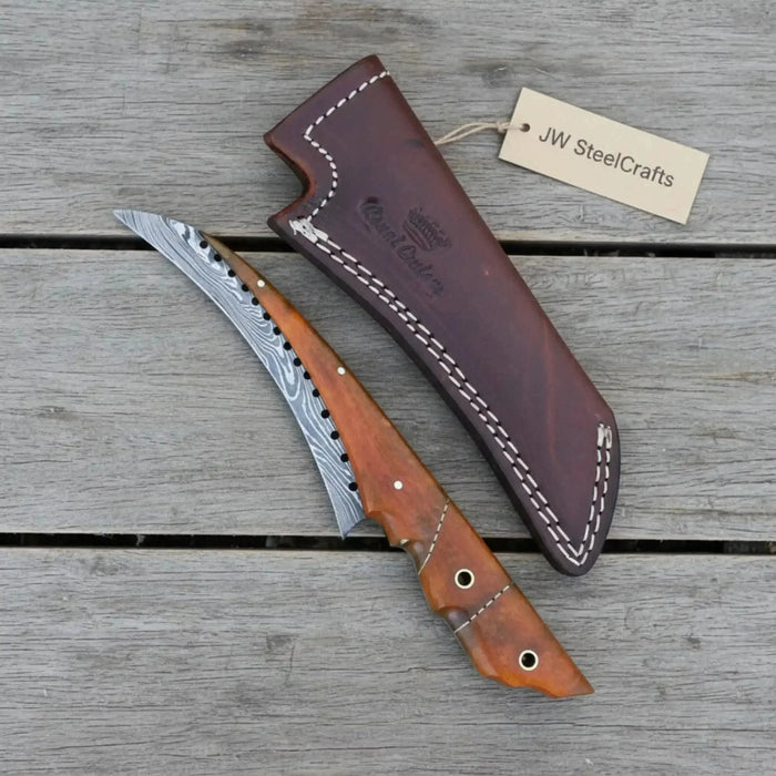 Handmade Damascus Steel Bushcraft Knife with Wooden Handle & Leather Sheath