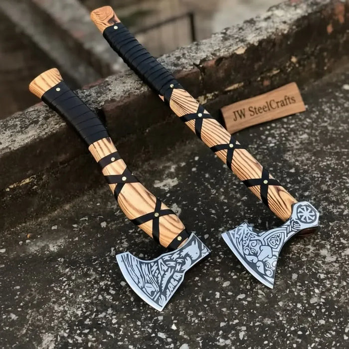 Dual Camping Hatchets Steel Heads Carved Wood Handle Balanced Set