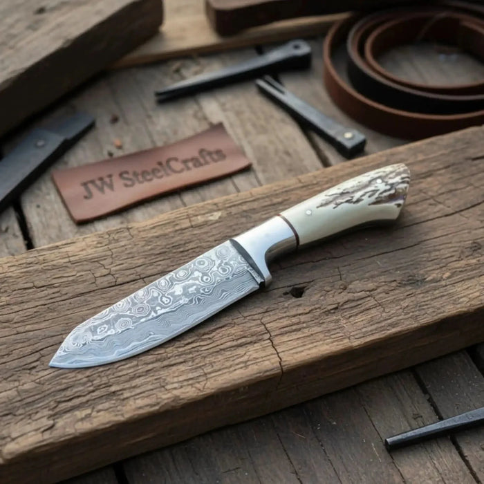 Damascus Leaf Shape Knife Traditional Synthetic Stag Handle Utility Tool