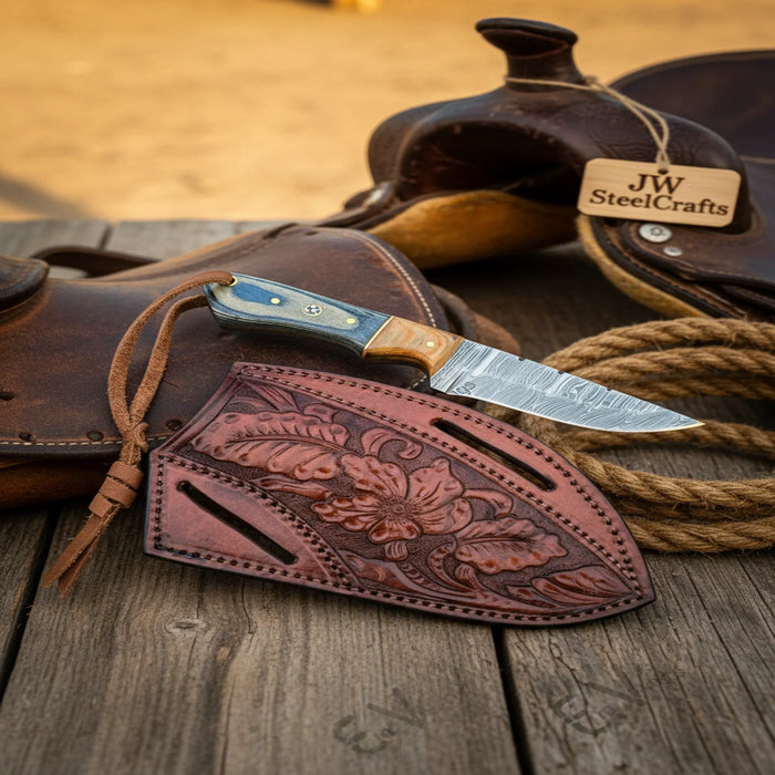 Handmade Damascus Cowboy Knife – 7 Inch Colored Wood
