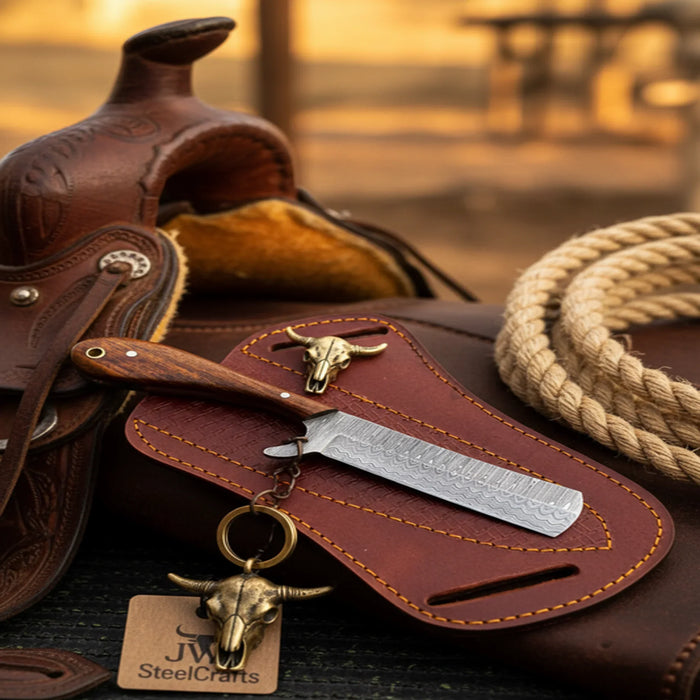 Damascus Bull Cutter Knife with Rosewood Handle and Bull Skull Charm