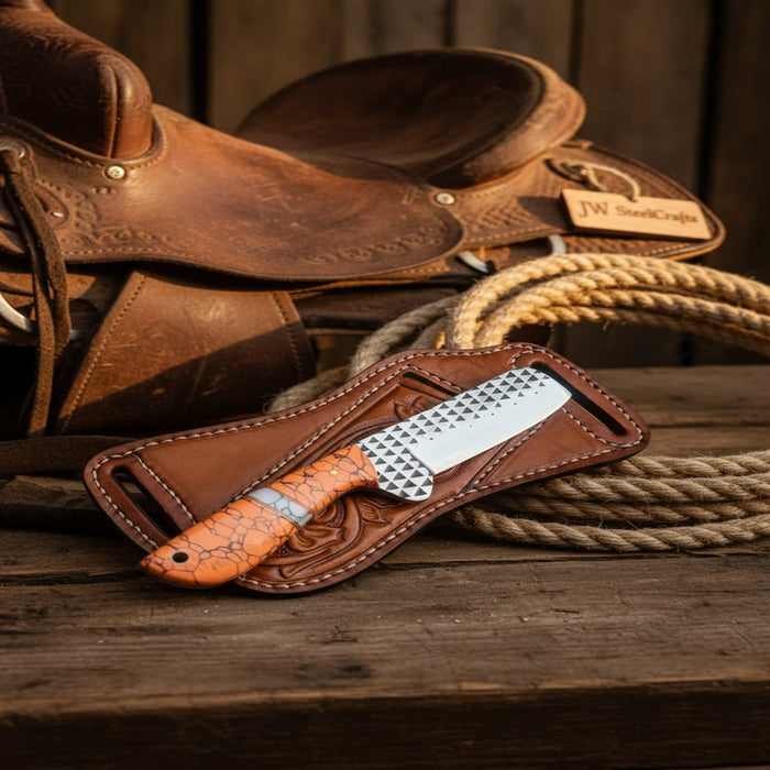 Tanto Rasp Bull Cutter with Orange Turquoise Resin Handle