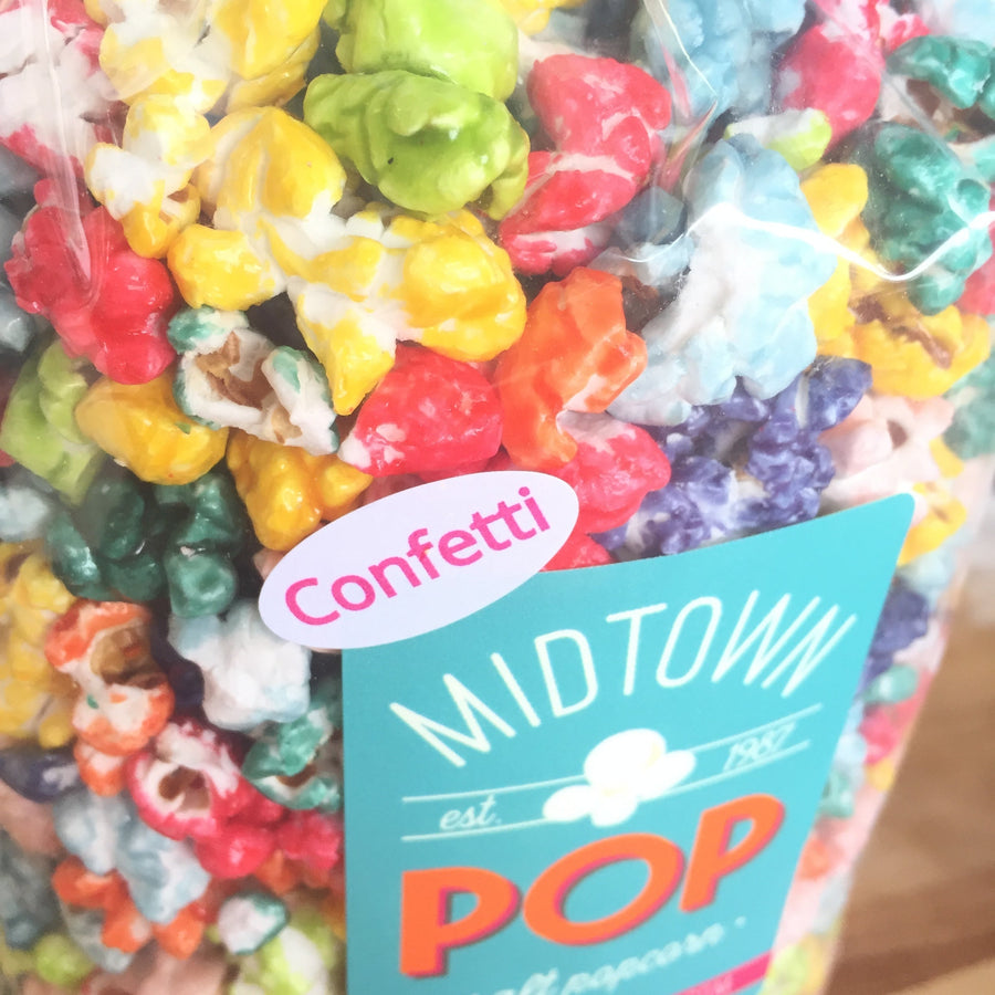 Close-up of a Confetti popcorn bag label