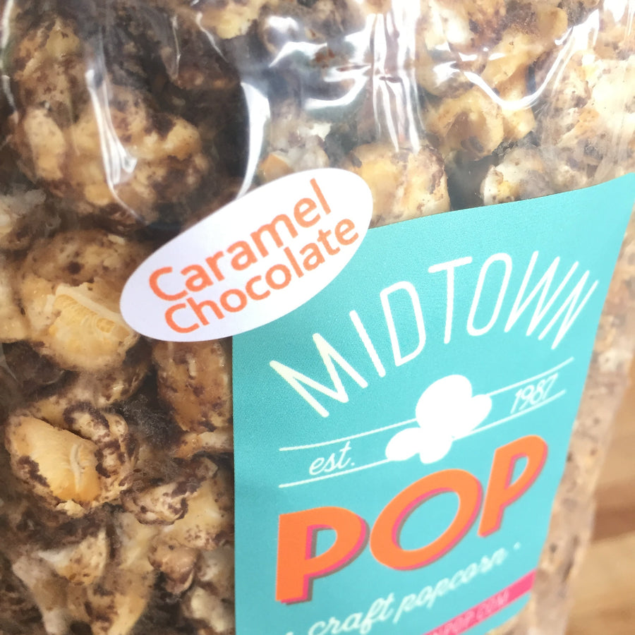 Close-up of a Caramel Chocolate popcorn label