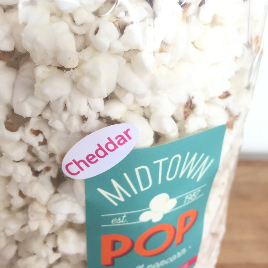 Close-up of a White Cheddar popcorn label