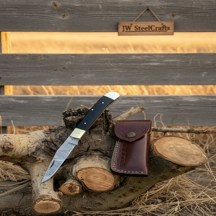 Executive Slipjoint Damascus Folder with Black Resin Handle