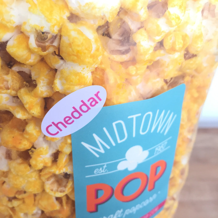 Close-up of a Cheddar popcorn label